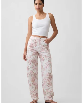 Blugi cu croiala barrel si model floral, Roz pastel/Alb murdar