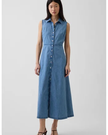 Rochie-camasa de denim fara maneci, Albastru