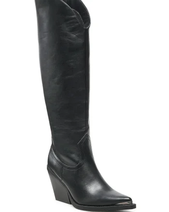 Cizme dama,  cowboy, toc bloc, negru, material sintetic,