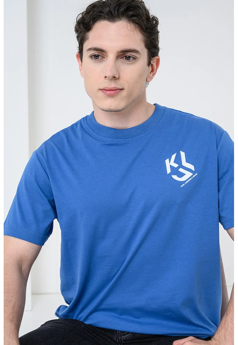 Tricou regular fit din amestec de bumbac organic, Albastru cobalt/Alb murdar