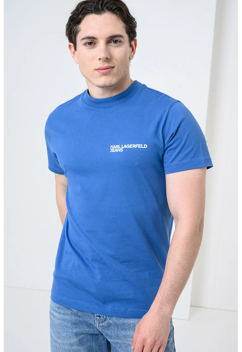 Tricou slim fit de bumbac organic cu imprimeu logo, Alb/Albastru cobalt