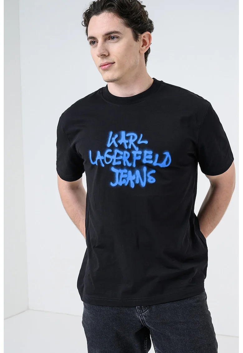 Tricou regular fit de bumbac cu imprimeu logo, Negru/Albastru royal