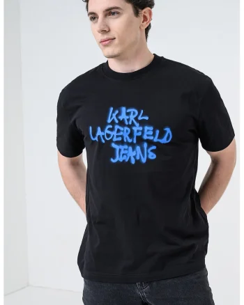 Tricou regular fit de bumbac cu imprimeu logo, Negru/Albastru royal