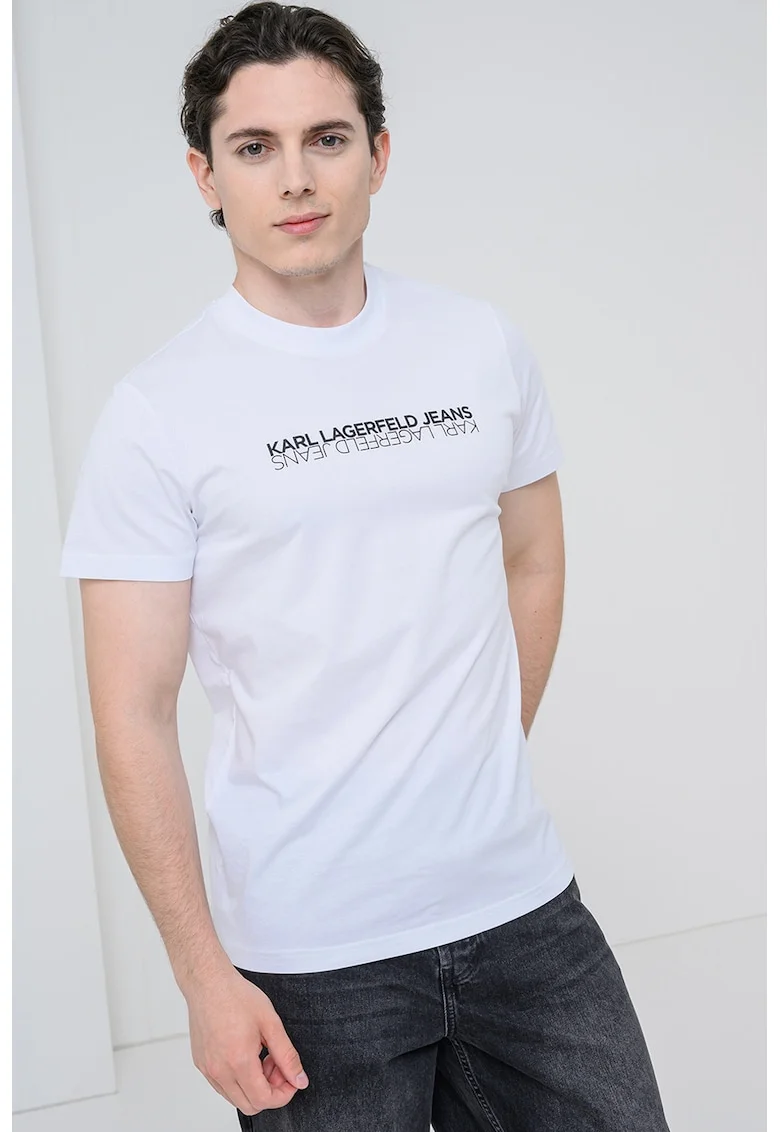 Tricou slim fit de bumbac cu imprimeu logo, Negru stins/Alb optic