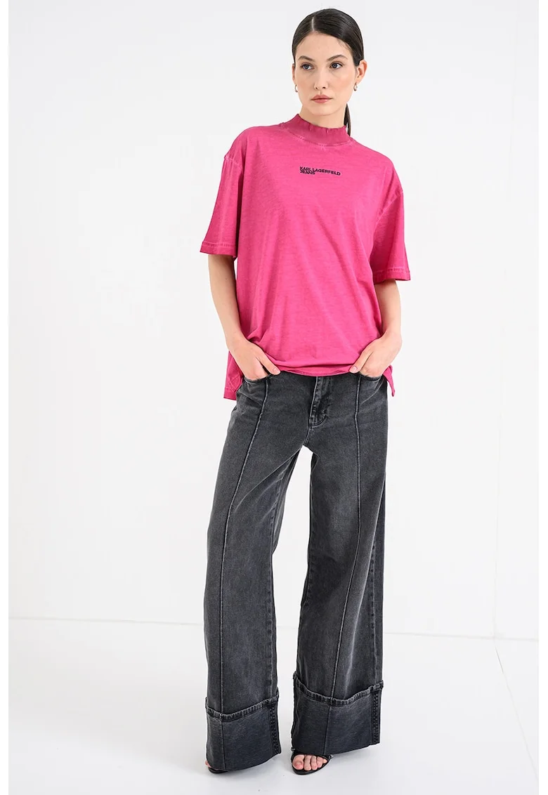 Tricou relaxed-fit cu guler scurt, Negru/Fucsia