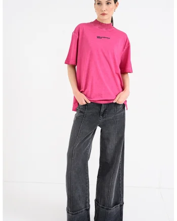 Tricou relaxed-fit cu guler scurt, Negru/Fucsia