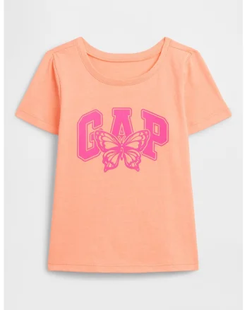 Tricou cu imprimeu logo si decolteu rotund, Portocaliu pal