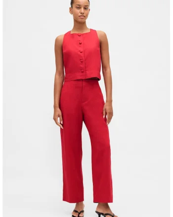 Pantaloni din amestec de in cu croiala dreapta, Rosu