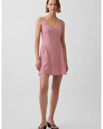 Rochie din amestec de in in carouri, Coral/Alb optic