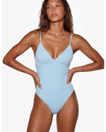 Costum de baie intreg uni cu bretele inguste, Albastru pastel