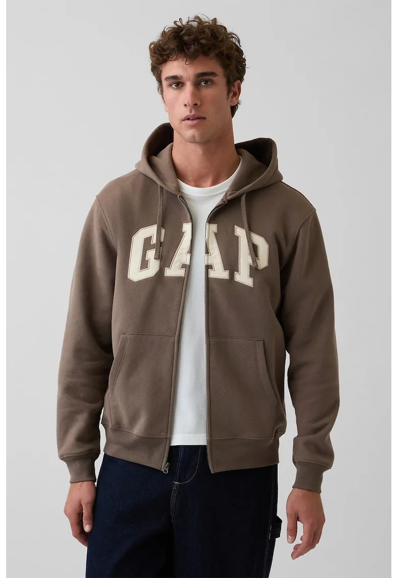 Hanorac unisex cu fermoar si imprimeu logo contrastant, Maro pamantiu