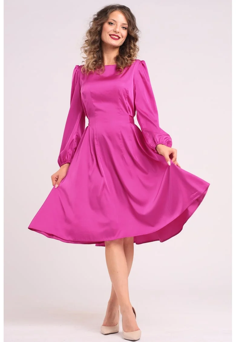 Rochie midi din matase cu croiala evazata, Fucsia