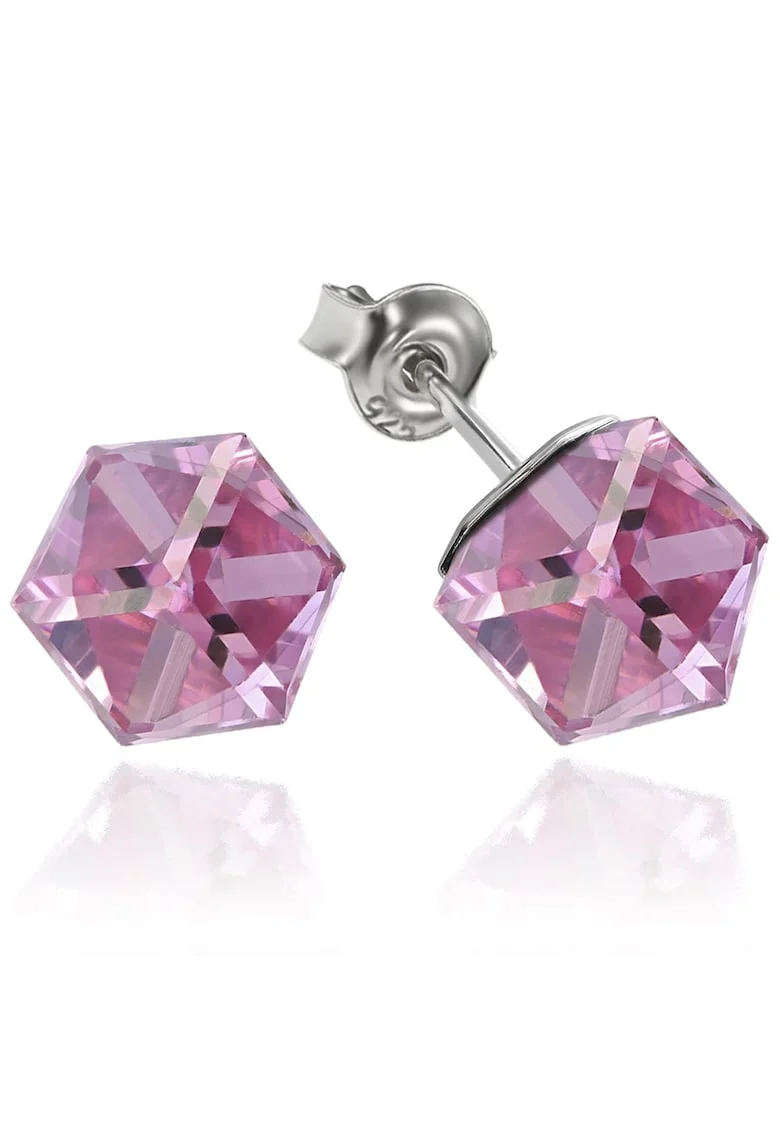 Cercei Argint 925 placat cu rodiu cu cristale Swarovski® Cubic 6mm, Surub, Roz