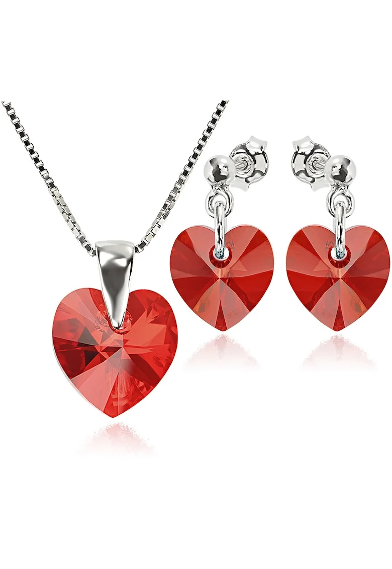 Set Argint 925 placat cu rodiu cu cristale Swarovski® Heart 10 mm Surub + Lant, Rosu