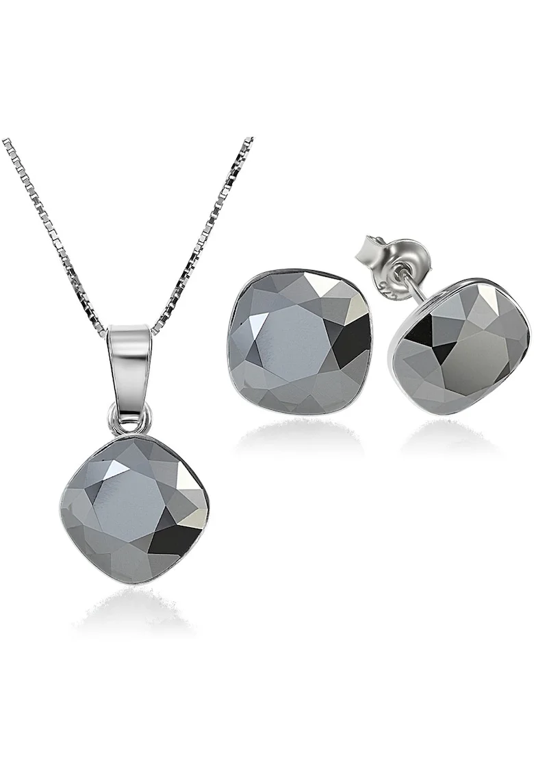 Set Argint 925 placat cu rodiu cu cristale Swarovski® Princess Square 10mm Surub + Lant, Argintiu