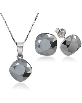 Set Argint 925 placat cu rodiu cu cristale Swarovski® Princess Square 10mm Surub + Lant, Argintiu