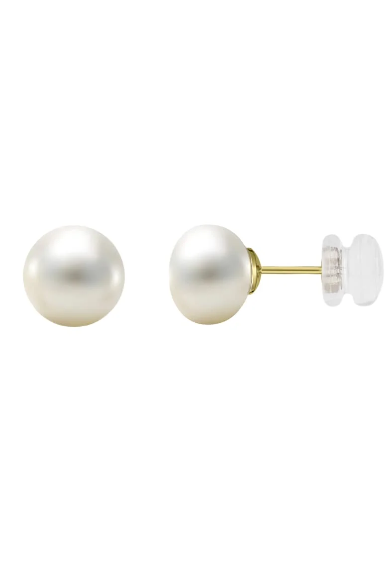 Cercei Aur 585 - 14K cu perle naturale albe tip buton, 7,5mm, Dopuri aur silicon