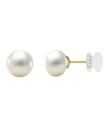 Cercei Aur 585 - 14K cu perle naturale albe tip buton, 7,5mm, Dopuri aur silicon