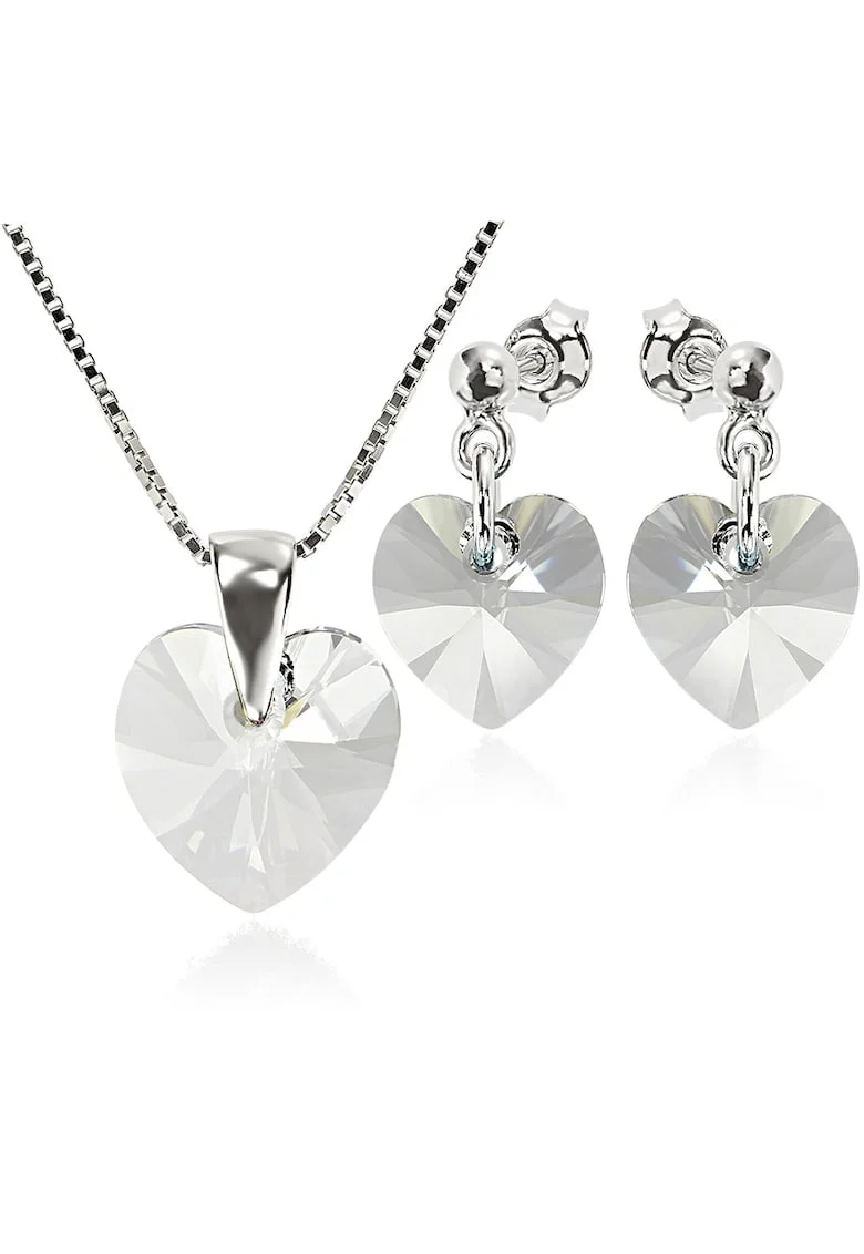Set Argint 925 placat cu rodiu cu cristale Swarovski® Heart 10 mm Surub + Lant, Alb