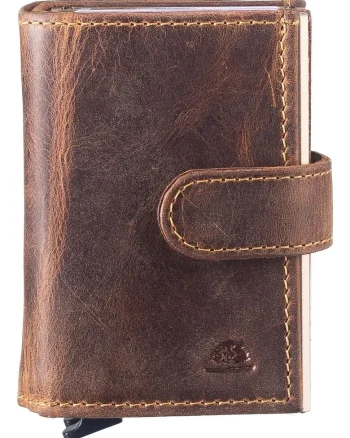 Portofel carduri unisex piele naturala maro antichizat,  8x10x3.5cm, cu 2 carcase glisante pentru 12 carduri, protectie RFID