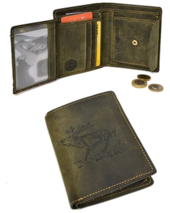 Portofel barbati  piele naturala, verde, 9.5x12.5x2.5cm, model stantat cerb, 7 sloturi pentru carduri