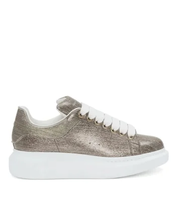 Gold Tone Metallic Effect Leather Sneakers, Alb/Auriu
