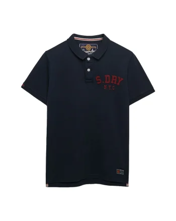 SUPERDRY, Tricou polo cu imprimeu pe piept, Albastru inchis