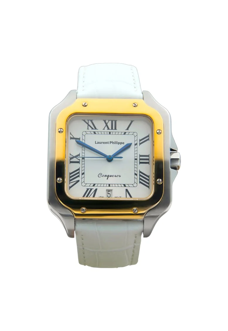 Ceas bărbați  Conqueror Imperial Topaz Bianco cu finisaje argintii și aurii, curea din piele naturală, cristal de safir, inox, alb
