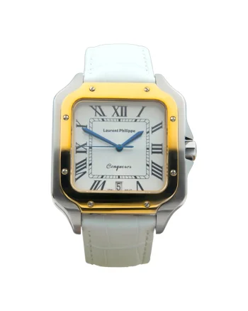 Ceas bărbați  Conqueror Imperial Topaz Bianco cu finisaje argintii și aurii, curea din piele naturală, cristal de safir, inox, alb