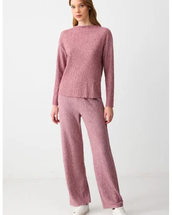 Pantaloni din tricot cu croiala ampla si model texturat, Roz inchis
