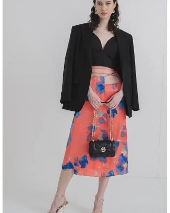 Fusta midi cu model floral, Roz somon