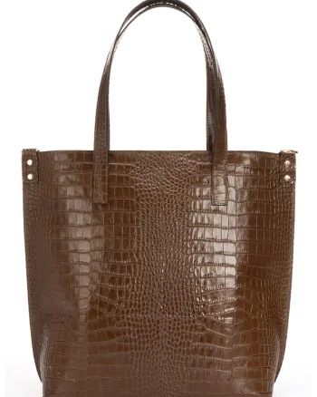 Geanta shopper din piele cu aspect de piele de crocodil, Maro inchis