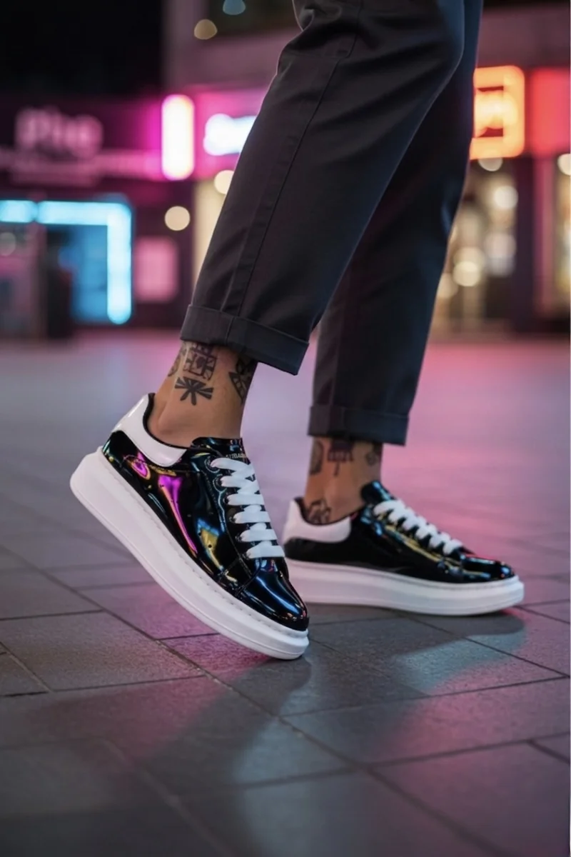 Adidasi barbati casual negri luciosi  cu talpa alba VIP ZR AAA