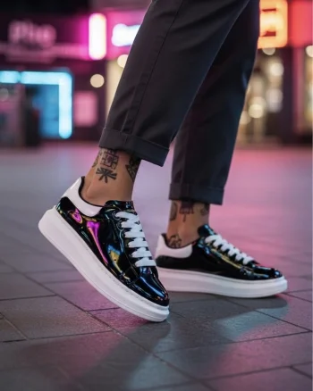 Adidasi barbati casual negri luciosi  cu talpa alba VIP ZR AAA