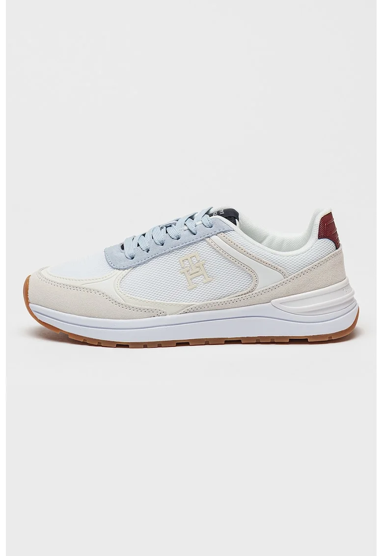 Pantofi sport cu insertii din piele intoarsa, Alb/Albastru deschis