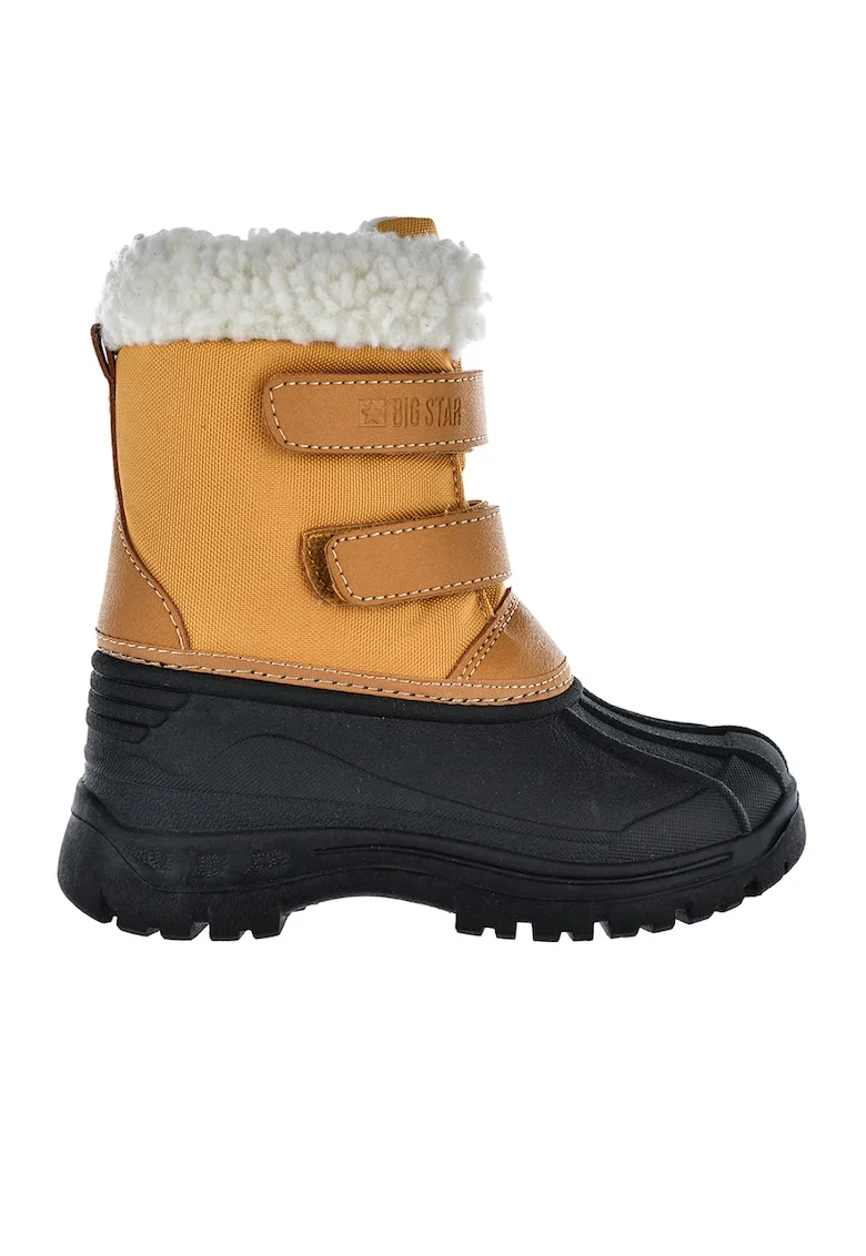 Cizme de zapada cu inchidere velcro si garnituri din blana sintetica, Negru/Maro camel