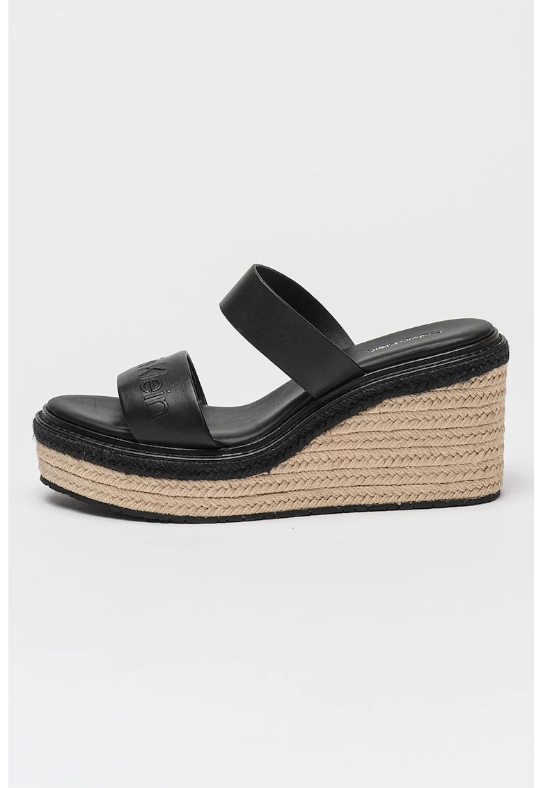 Papuci din piele cu talpa wedge si detaliu logo, Negru