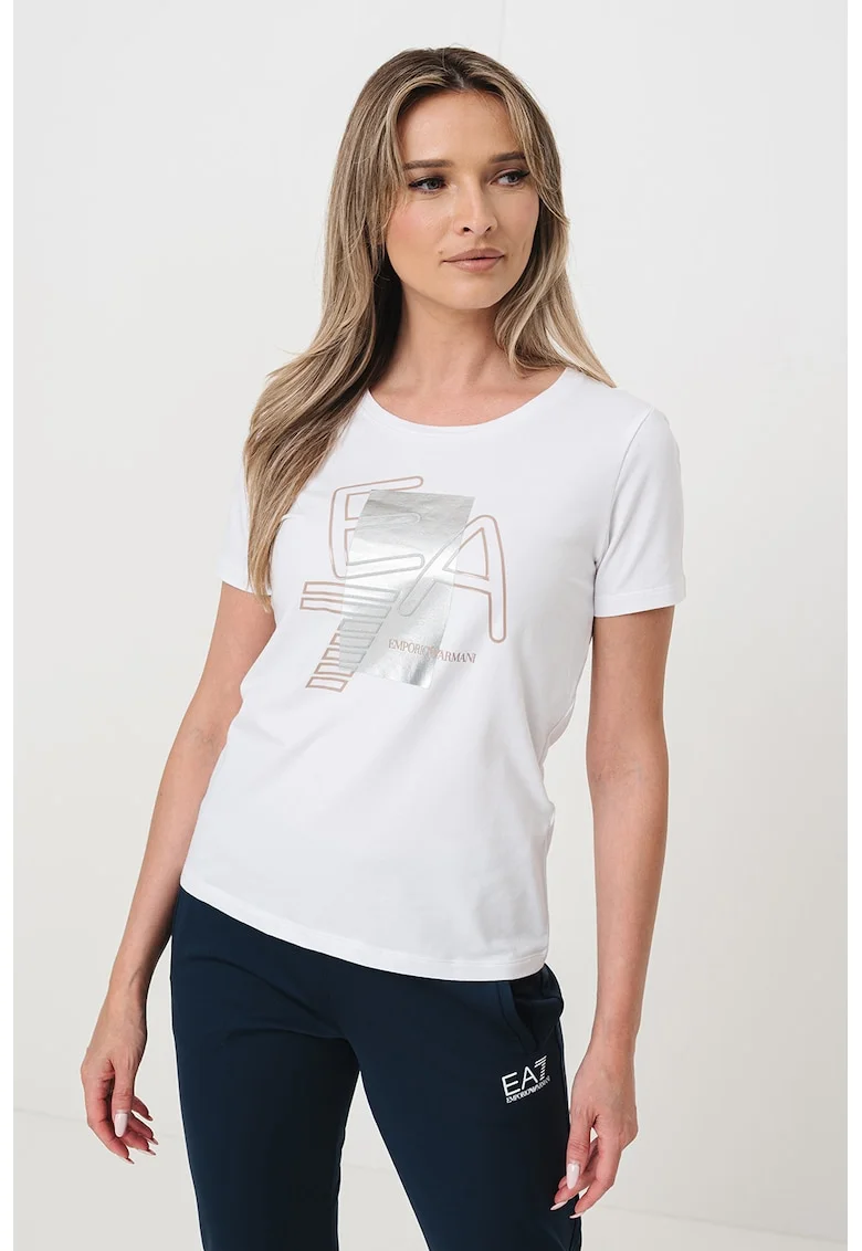 Tricou cu decolteu rotund si imprimeu logo, Alb/Maro taupe/Argintiu