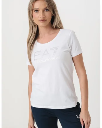 Tricou cu decolteu rotund si imprimeu logo, Alb/Argintiu