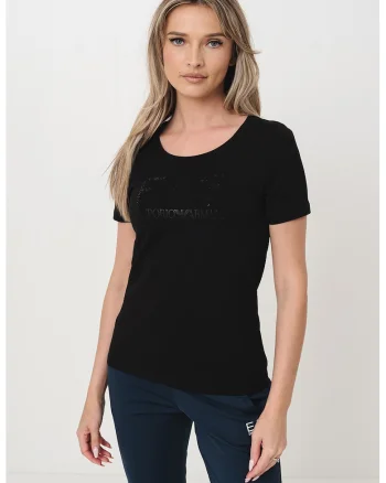 Tricou cu decolteu rotund si imprimeu logo, Negru