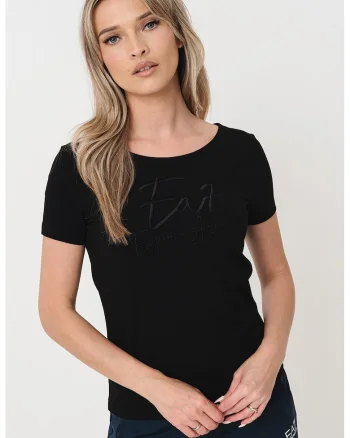 Tricou cu decolteu rotund si imprimeu logo, Negru