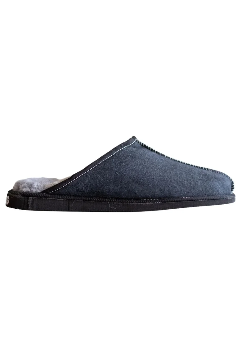 Papuci barbati  lana naturala, piele, albastru, talpa din cauciuc, set de interior-exterior,