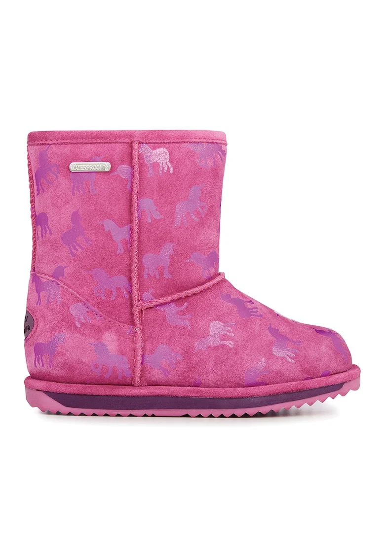 Cizme impermeabile scurte de piele intoarsa, fara inchidere Rainbow-Unicorn, Roz fandango/Roz