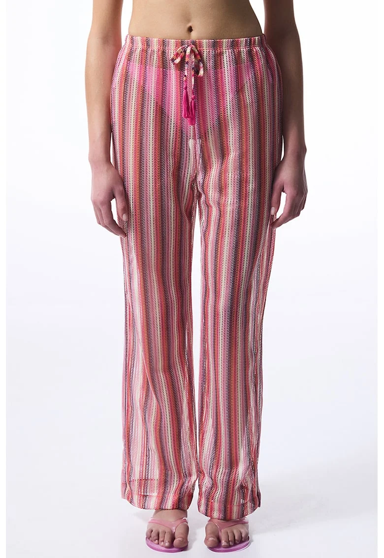 Pantaloni de plaja transparenti, in dungi, Alb fildes/Roz deschis