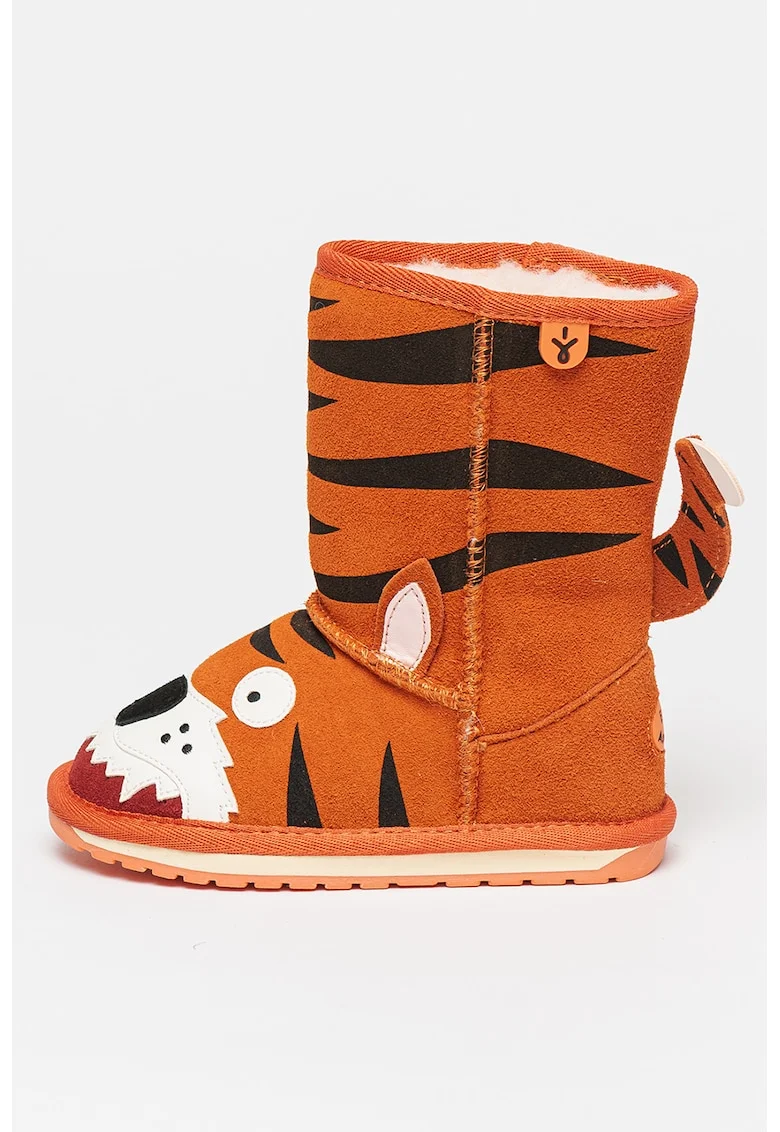 Cizme joase din piele intoarsa cu model Tiger, Portocaliu mandarina