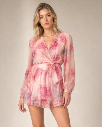 Rochie scurtă din voal cu print floral roz - Unica S-L