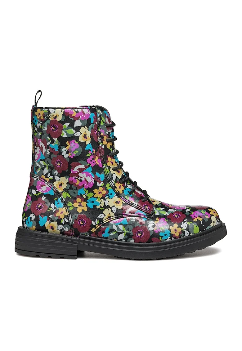 Ghete din piele ecologica cu model floral, Negru/Roz fandango/Galben sofran
