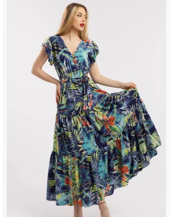 Rochie lunga cu decolteu in V, Verde lime/Bleumarin