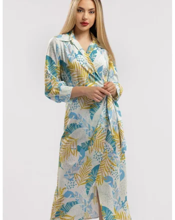 Rochie midi cu croiala petrecuta si slit frontal, Albastru deschis/Galben mustar