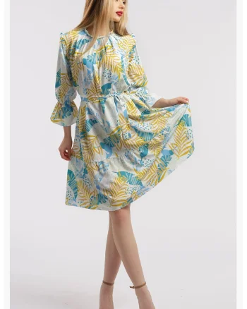 Rochie scurta cu model, Albastru pastel/Galben mustar